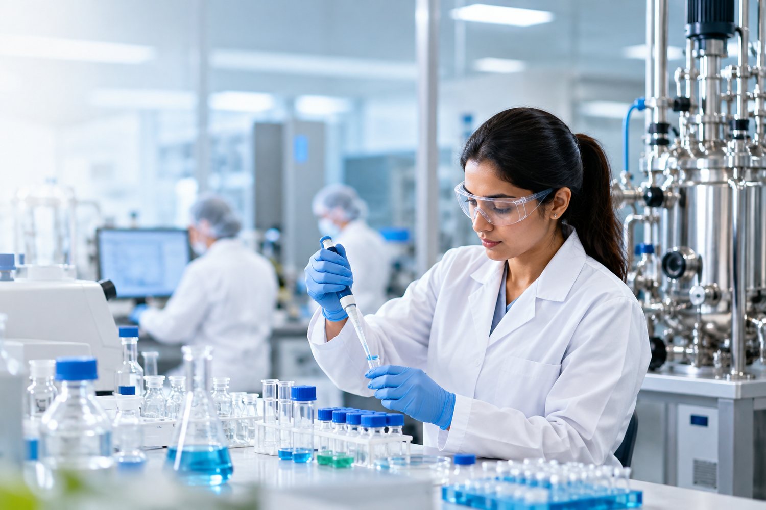 Pharmaceutical laboratory professional working with laboratory vials and equipment